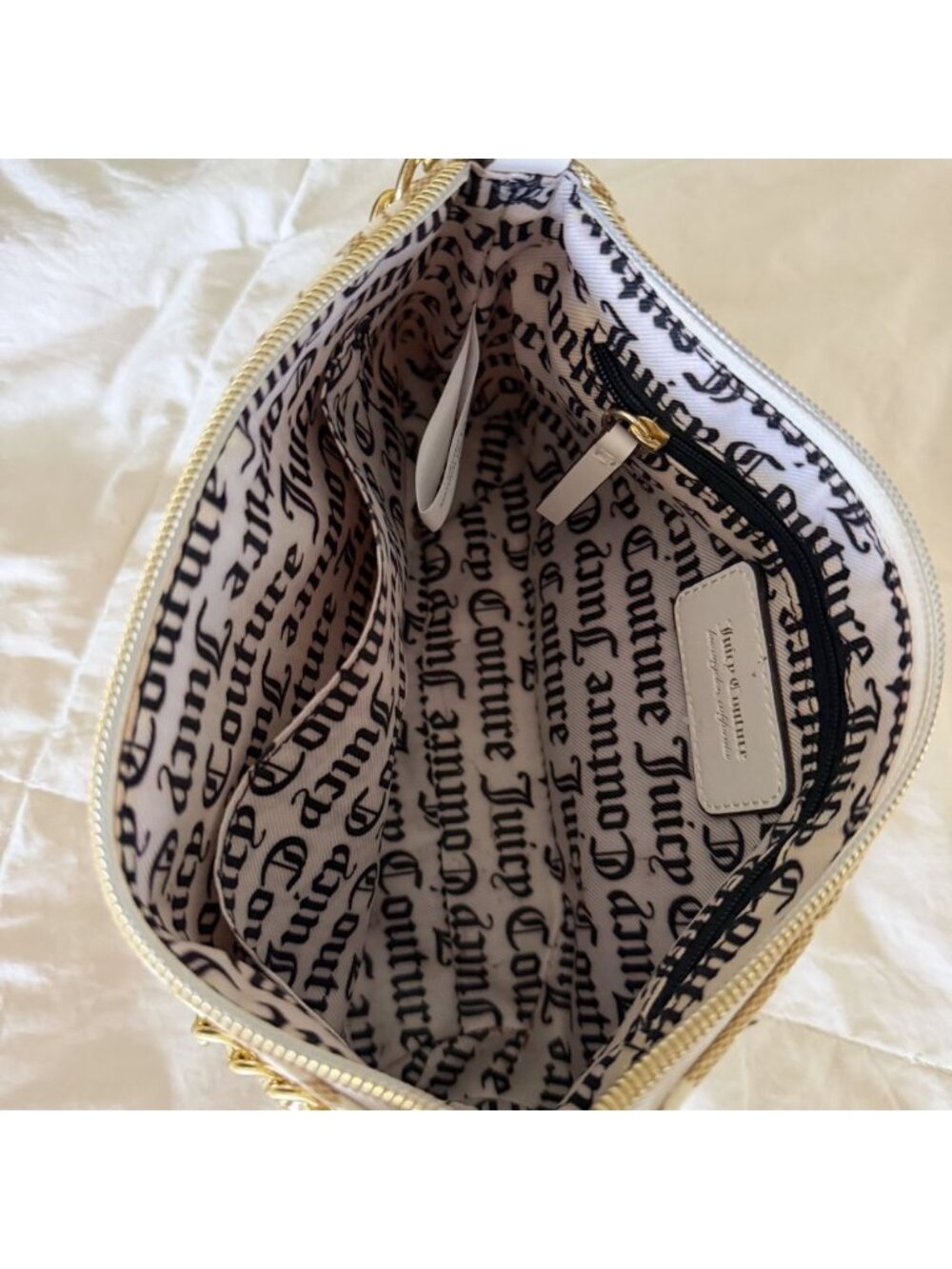 Juicy Couture Y2K Canvas Logo Baguette Shoulder Bag Beige White Chain - Picture 6 of 7